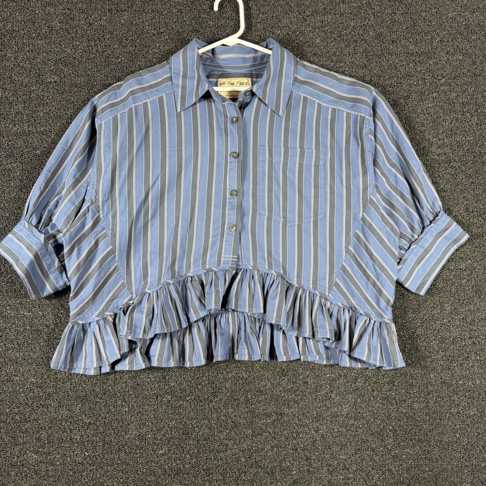 Free People We the Free Bailey Striped Shirt Blouse Dark Blue Ruffled Women's S